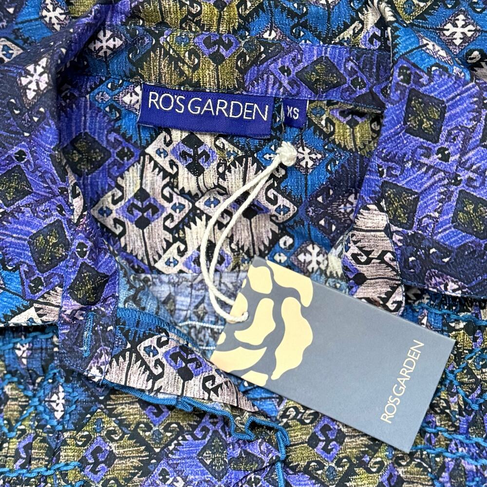 NWT Ro's Garden Gin Button-Up Collared Geometric Shirt Lachen Blue Purple XS - Picture 7 of 7